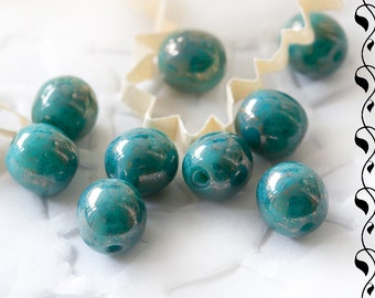 Czech Glass Round Beads 10 or 8 mm Turquoise Marbled Gold Finish