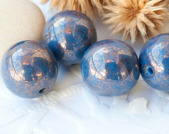 Czech Pressed Glass Round Ball Beads 12 mm Gold Luster Blue 4 pcs.