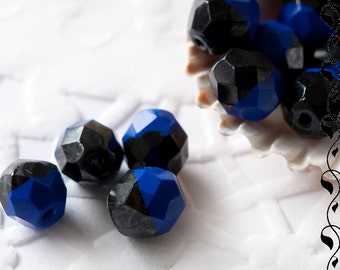 Czech Fire Polished Beads 8 mm Two-Colored Black-Blue 10 pcs