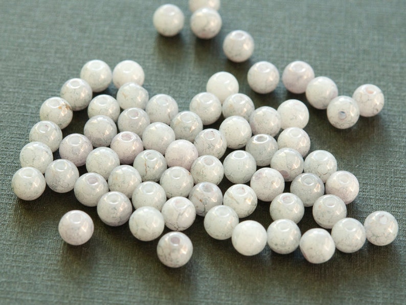 4 mm Czech Round Glass Beads, White with a Gray Marble Coating 50 pcs image 1