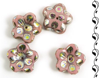 Czech Glass Flower Bead-Caps 16 mm Pink AB Finish 6 pcs