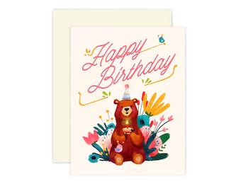 Birthday Bear Card, Cute Happy Birthday Card with Envelope, Bear Lover Birthday Greeting Card