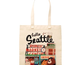 Bolsa de mano con el lema "Hola Seattle"