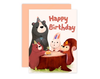 Forest Animals Birthday Card, Cute Happy Birthday Card with Envelope, Woodland Birthday Greeting