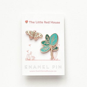 Butterfly with plant rose gold plating enamel pin set