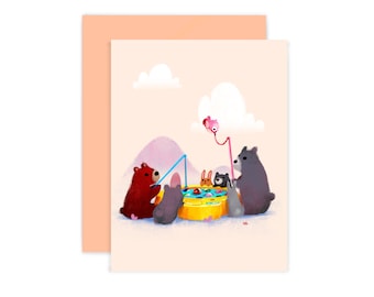 Bears Fishing Card, Cute Bear Blank Card with Envelope for Any Occasion, Outdoors Greeting Card