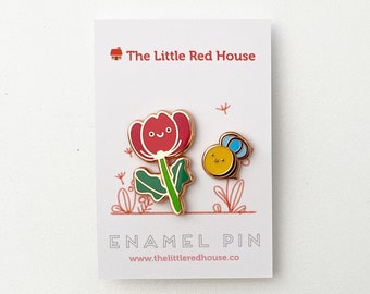 Flower and bee gold plating enamel pin set