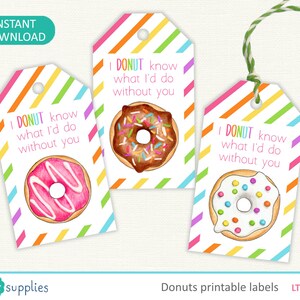 Donut Printable Labels / Gift Tags - 'I Donut know what I'd do without you' pun, Thank You tag - Instant Download LT020