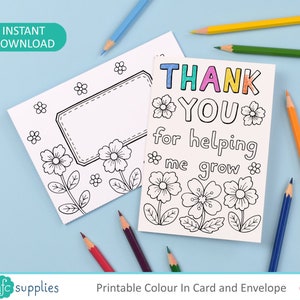 Thank You Teacher Printable Colour in Card and Envelope 'Thank you for helping me grow' Digital Instant Download C002 image 1