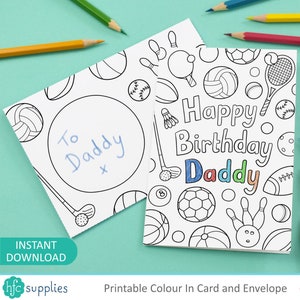Printable Sports Birthday Card for Daddy | Fun kids DIY colour-in card and envelope, ball games design | Instant Download C017