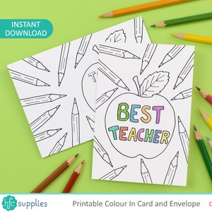 Best Teacher Printable Colour in Card + Envelope | Cute apple, pencils DIY Kids thank you/ teacher appreciation card | Instant Download C004