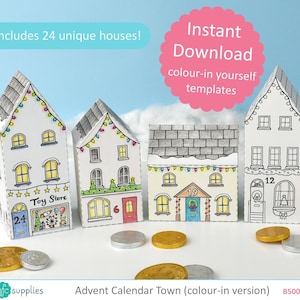 Advent Calendar Town Printable house boxes, colour in DIY paper box kit, countdown to Christmas, gift boxes - Digital Instant Download B5007