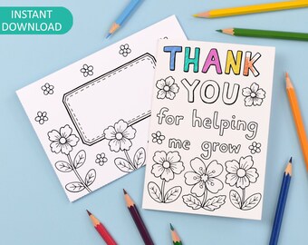 Thank You Teacher Printable Colour in Card and Envelope 'Thank you for helping me grow' - Digital Instant Download C002