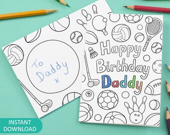 Happy Birthday Daddy Printable Colour In Card and Envelope, sports & balls design, kids colouring – Digital Instant Download C017