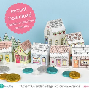 Advent Calendar Village, printable, colour-in templates makes 24 mini Christmas house boxes - Digital Instant Download B5001