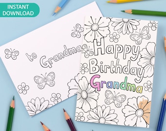 Happy Birthday Grandma Printable Colour in Card and Envelope, flowers and butterflies – Digital Instant Download C016