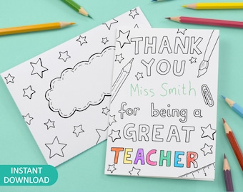 Thank You For Being A Great Teacher Printable Colour in Card and Envelope, teacher appreciation - Digital Instant Download C003