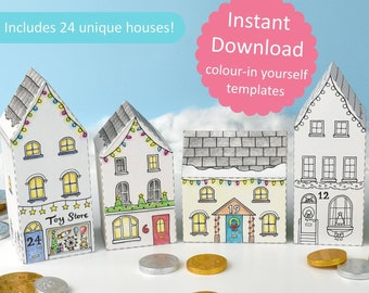 Advent Calendar Town Printable house boxes, colour in DIY paper box kit, countdown to Christmas, gift boxes - Digital Instant Download B5007