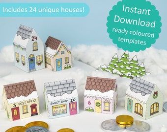 DIY Advent Calendar Christmas Village - printable mini house boxes - Coloured Version - Digital Instant Download B5008