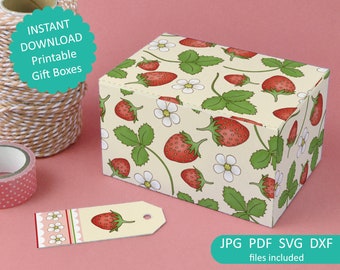 Strawberry Printable Gift Boxes - strawberry fruit and flowers, 2 templates with tags, JPG, SVG, PDF, Digital Instant Download - B1002