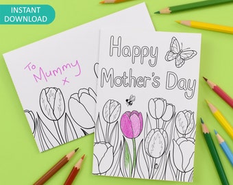 Happy Mother's Day Tulips Card, Printable Colour In Card and Envelope - Digital Instant Download C021