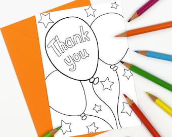 Printable Thank You Card, children's birthday party balloons and stars, kids colouring in notecard - Digital Instant Download C005