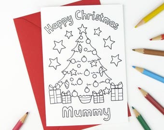 Happy Christmas Mummy - Printable Colour in Card, Christmas Tree, child colouring card, parent, mother, mum - Digital Instant Download C010