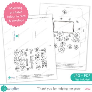 Thank You Teacher Printable Colour in Card and Envelope 'Thank you for helping me grow' Digital Instant Download C002 image 2