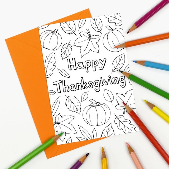 Happy Thanksgiving Printable Colour in Card - fall leaves, pumpkin, Digital Instant Download C008 Il_570xn