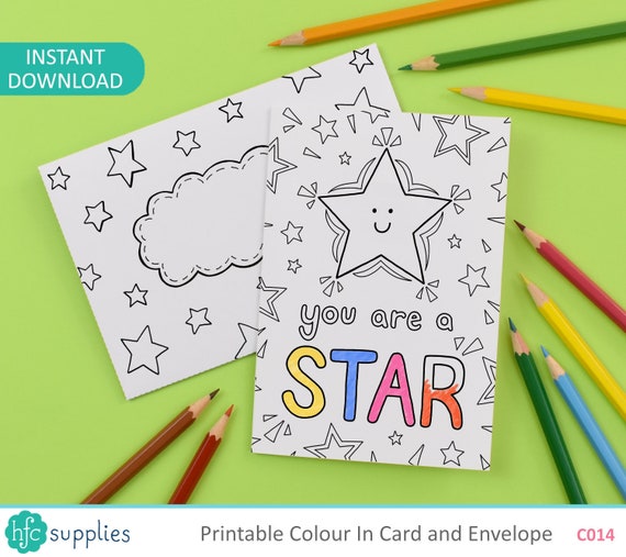 You Are A Star Printable Colour in Card and Envelope, teacher thank you, well done, note card, Digital Instant Download C014 Il_570xn