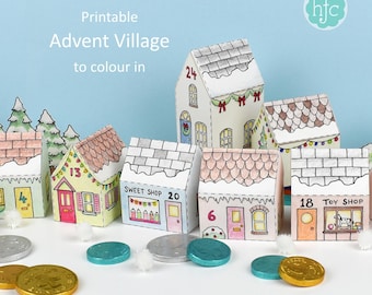 Advent Calendar Village, printable, colour-in templates makes 24 mini Christmas house boxes - Digital Instant Download B5001