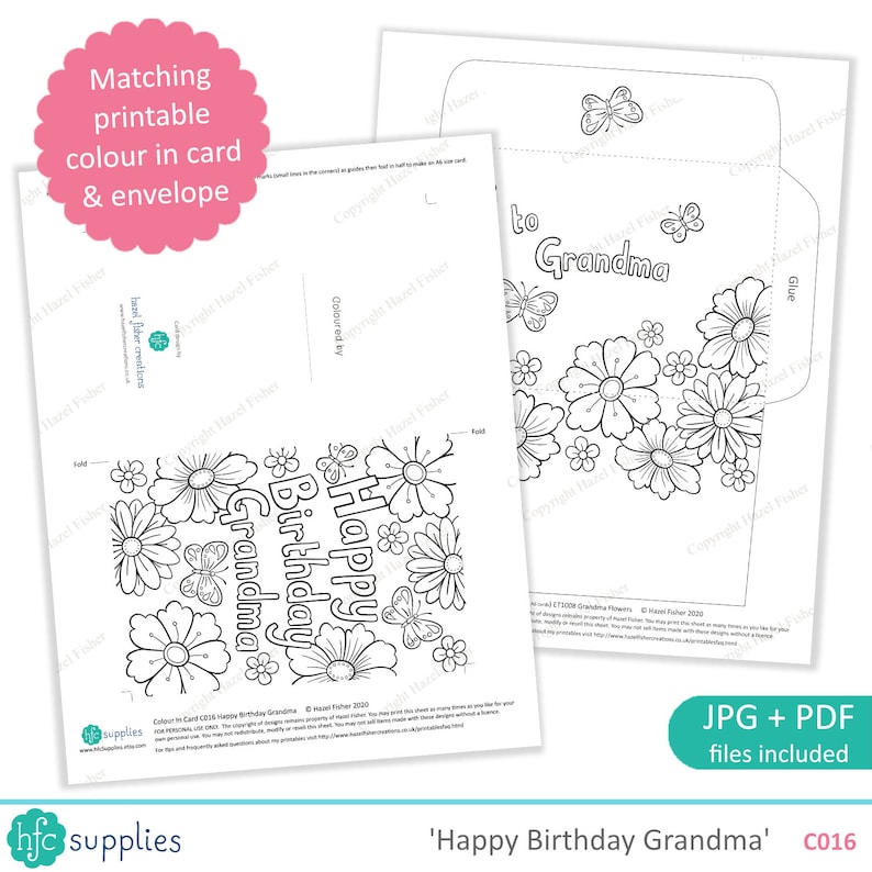 May include: A printable coloring page featuring a card and envelope with a floral design. The card says "Happy Birthday Grandma" and the envelope says "to Grandma".