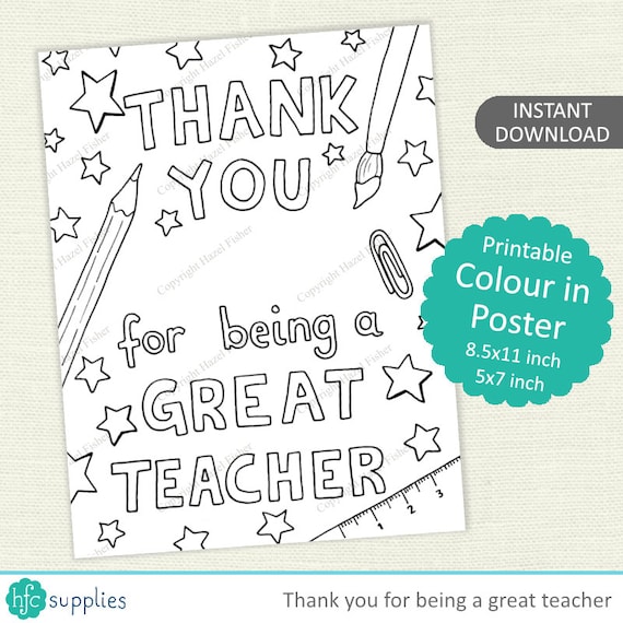 Printable Thank You For Being A Great Teacher Colour in Poster, Letter size 8.5x11 inch, 5x7 inch, kids colouring - Digital Instant Download Il_570xn