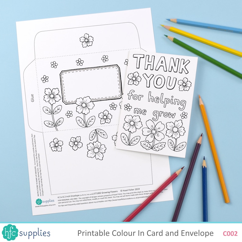 Thank You Teacher Printable Colour in Card and Envelope 'Thank you for helping me grow' Digital Instant Download C002 image 3