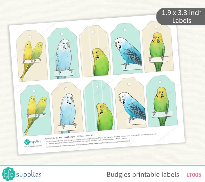 Budgies Printable Labels \u2013 pet budgerigar gift tag \u2013 Digital Instant Download LT005