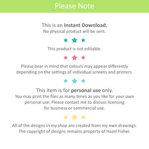 May include: White background with text that reads "Please Note" at the top. The text below states this is an instant download, not editable, and for personal use only. It also notes that colors may vary.