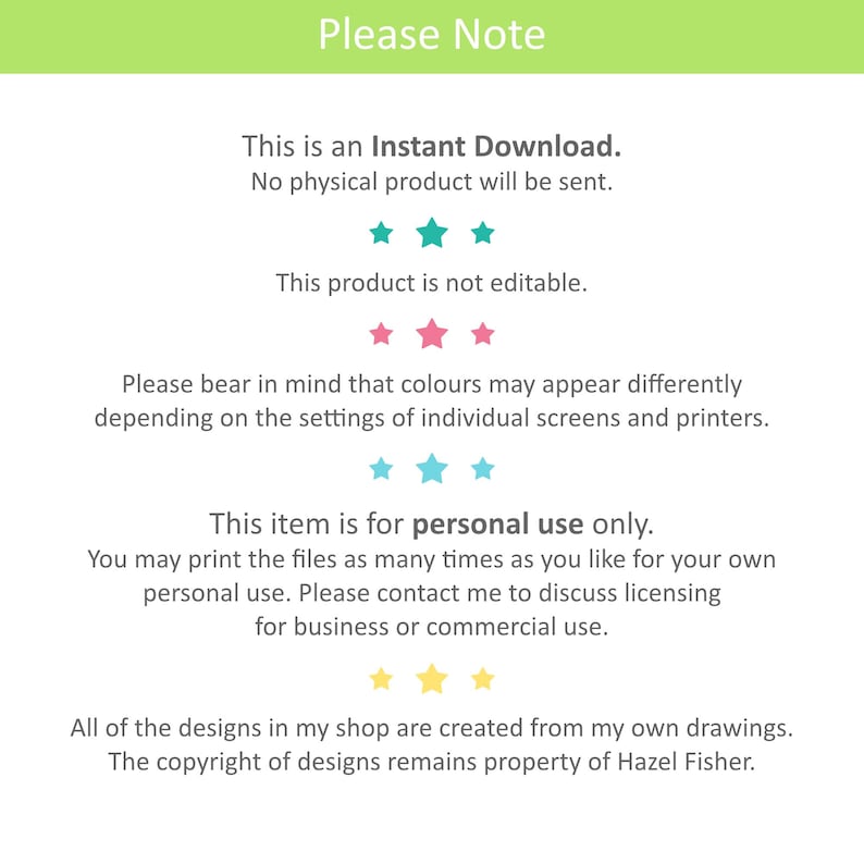 May include: White background with text that reads "Please Note" at the top. The text below states this is an instant download, not editable, and for personal use only. It also notes that colors may vary.