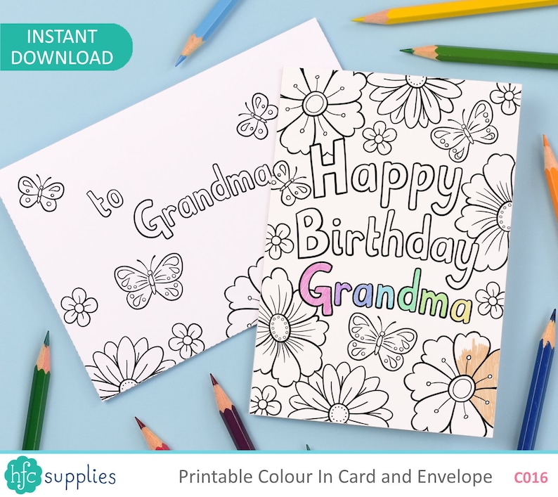 May include: A printable coloring card and envelope set featuring a birthday card with the text "Happy Birthday Grandma" surrounded by flowers and butterflies. The card is blank on the inside for a personalized message.