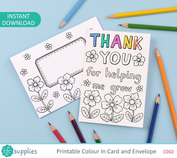 thank you teacher printable colour in card and envelope etsy