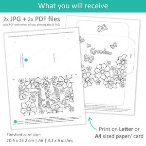 May include: Two printable greeting card designs with floral and butterfly illustrations. One card reads "Happy Birthday Grandma" and the other says "to Grandma". The finished card size is 4.1 x 6 inches.