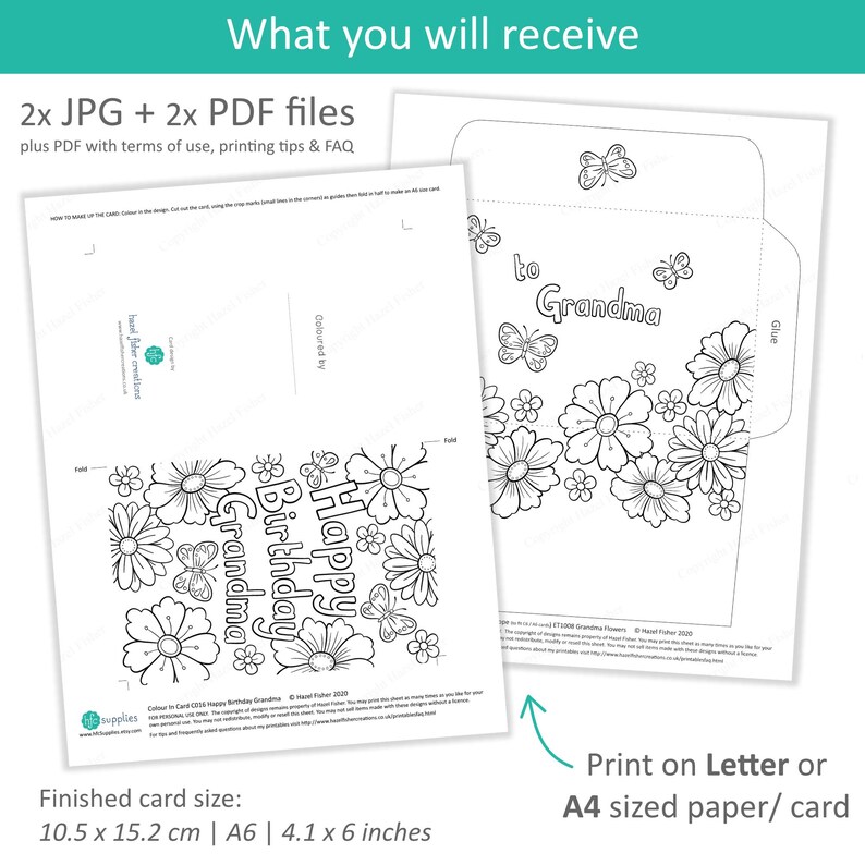 May include: Two printable greeting card designs with floral and butterfly illustrations. One card reads "Happy Birthday Grandma" and the other says "to Grandma". The finished card size is 4.1 x 6 inches.