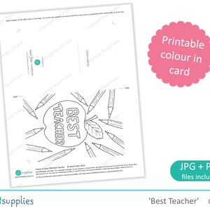 Cartão de agradecimento para o melhor professor com maçã e lápis para imprimir, cartão de agradecimento para colorir para o professor - Download instantâneo digital C004 imagem 2