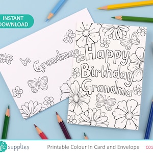 May include: A printable coloring card and envelope set with a birthday message for grandma. The card features a floral design with butterflies and the text "Happy Birthday Grandma". The envelope has the text "to Grandma" and a butterfly design.