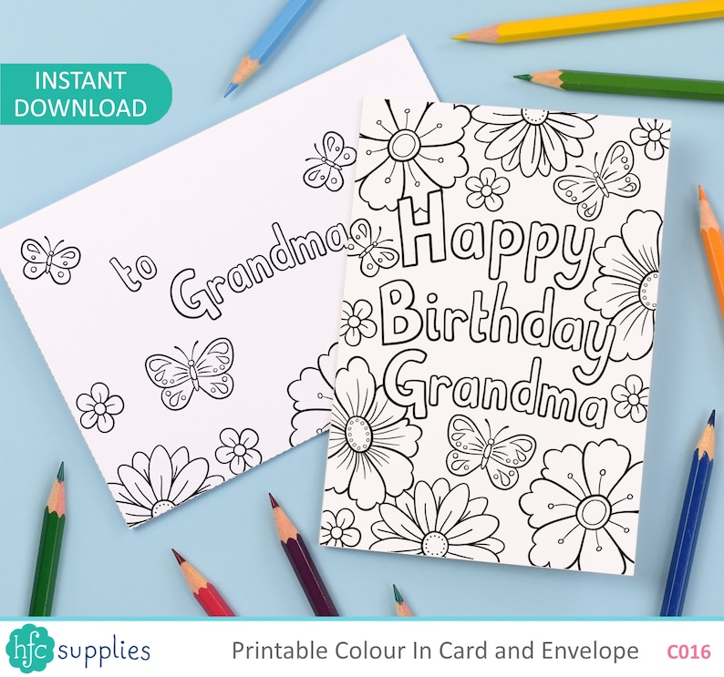 May include: A printable coloring card and envelope set with a birthday message for grandma. The card features a floral design with butterflies and the text "Happy Birthday Grandma". The envelope has the text "to Grandma" and a butterfly design.