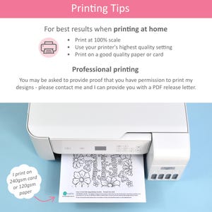 May include: A white printer printing a black and white floral design with the words "Happy Birthday Grandma." The image also includes text about printing tips, including printing at 100% scale and using high-quality settings.