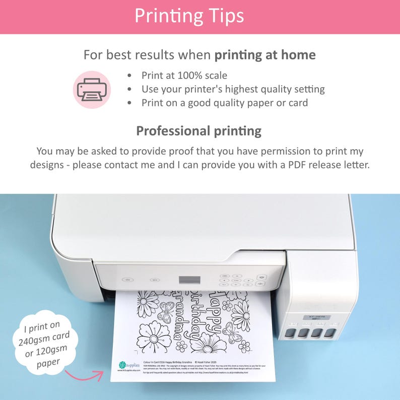 May include: A white printer printing a black and white floral design with the words "Happy Birthday Grandma." The image also includes text about printing tips, including printing at 100% scale and using high-quality settings.