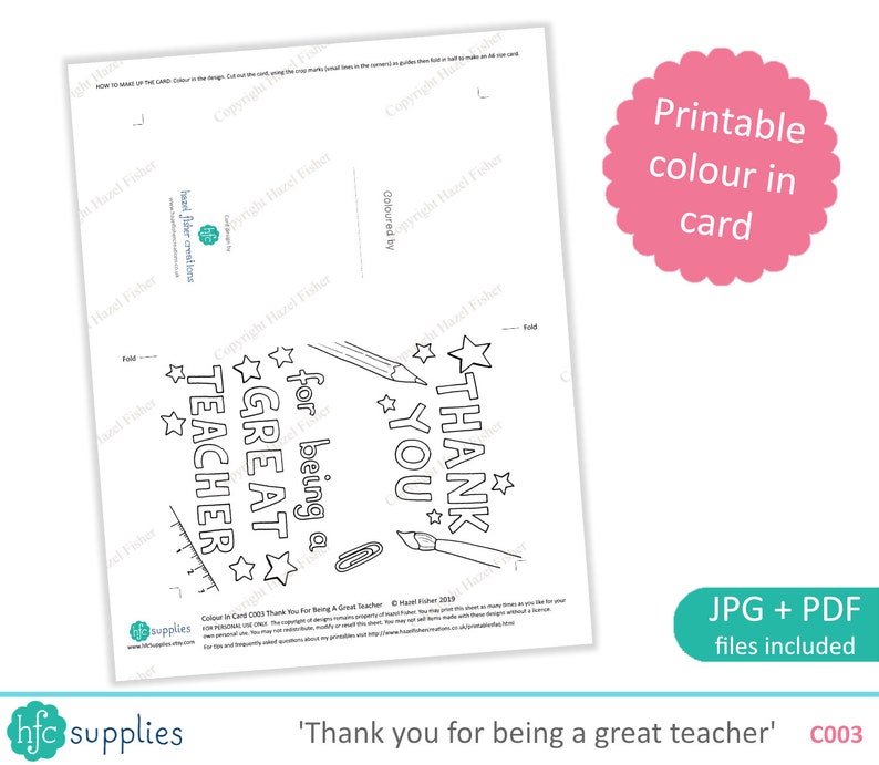 INSTANT DOWNLOAD Thank you for being a great teacher Printable Colour in Card tutor or teacher appreciation, Digital C003 image 2