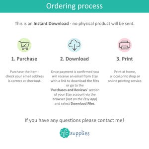 May include: A teal graphic with the text "Ordering process" and instructions for an instant download. Steps include purchase, download, and print. The image includes icons for each step and the seller's logo.
