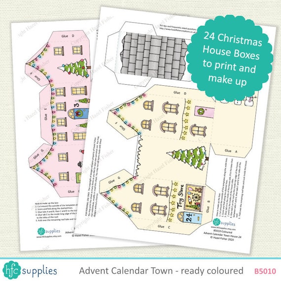 Printable Advent Calendar Town house boxes, coloured, countdown to Christmas, gift boxes