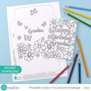 May include: Printable coloring page for a birthday card and envelope featuring a floral design with butterflies and the text "Happy Birthday Grandma".